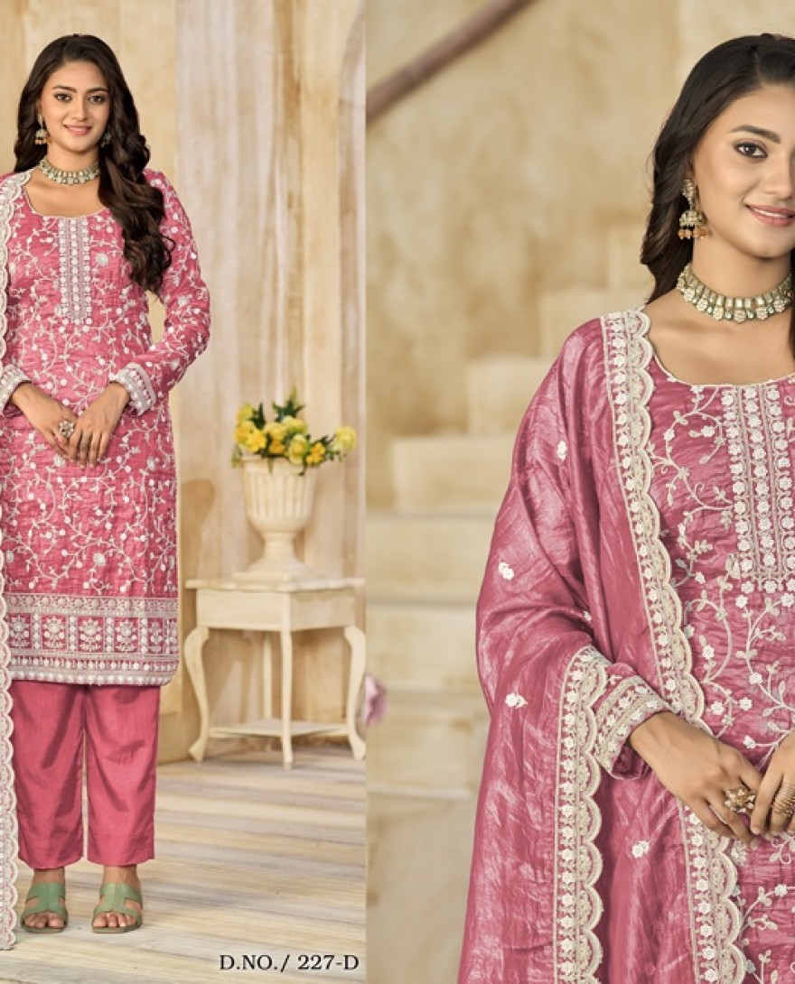 227-pink - Crush Straight Suit with Embroidered Work in Salmon